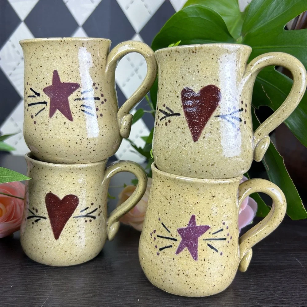 Studio Pottery Tea Set Stoneware Teapot and Four Mugs Heart Star Motif Primitive